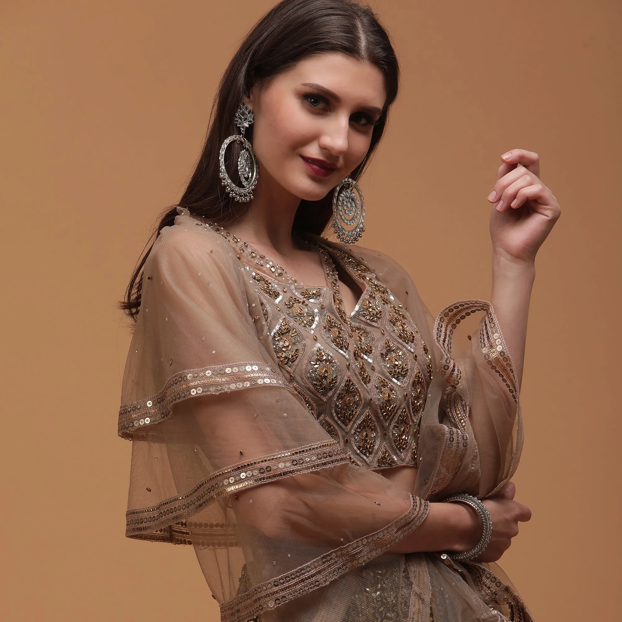 Pannkh Luxe Champagne Hand Embroidered Blouse with Lehenga and Dupatta Set