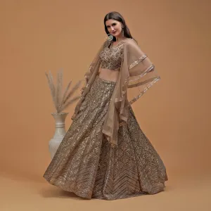 Pannkh Luxe Champagne Hand Embroidered Blouse with Lehenga and Dupatta Set