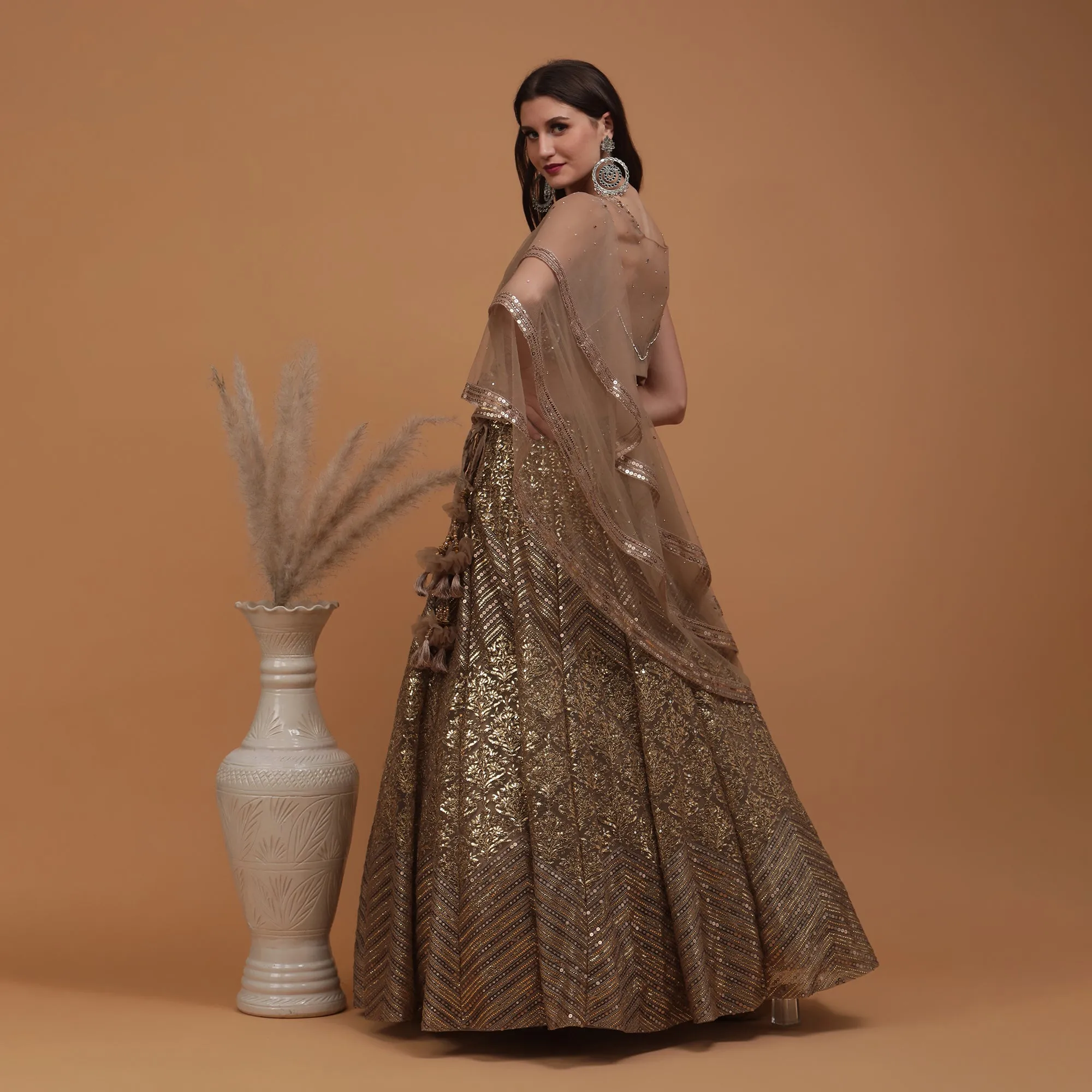 Pannkh Luxe Champagne Hand Embroidered Blouse with Lehenga and Dupatta Set