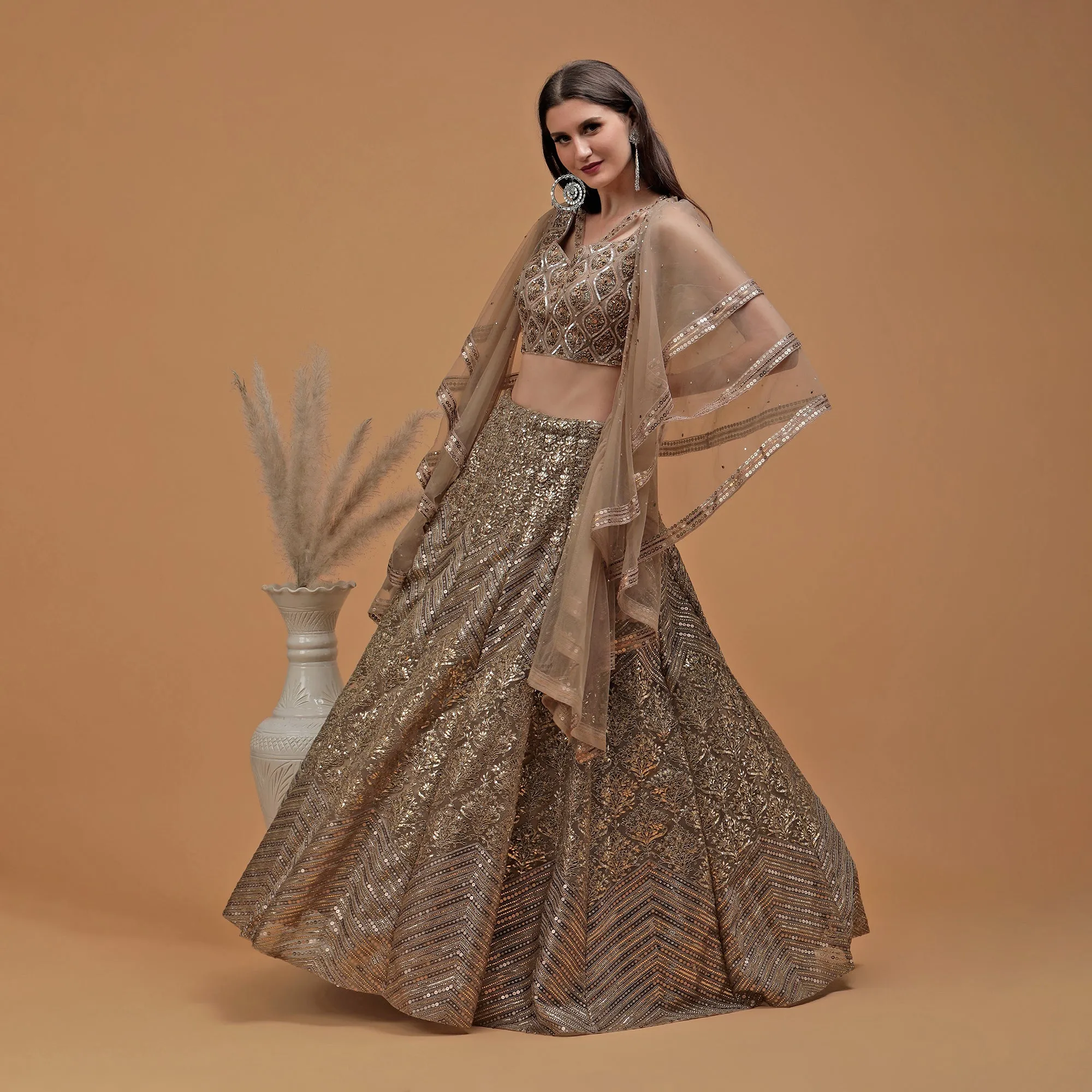 Pannkh Luxe Champagne Hand Embroidered Blouse with Lehenga and Dupatta Set