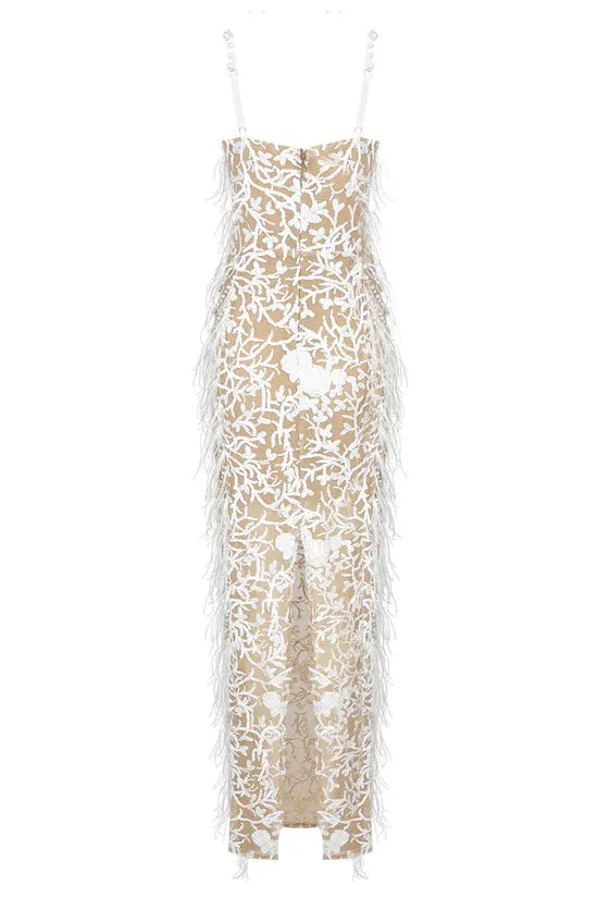 Pearlized Sweetheart Sequined Mesh Feather Side Split Slip Evening Maxi Dress - White