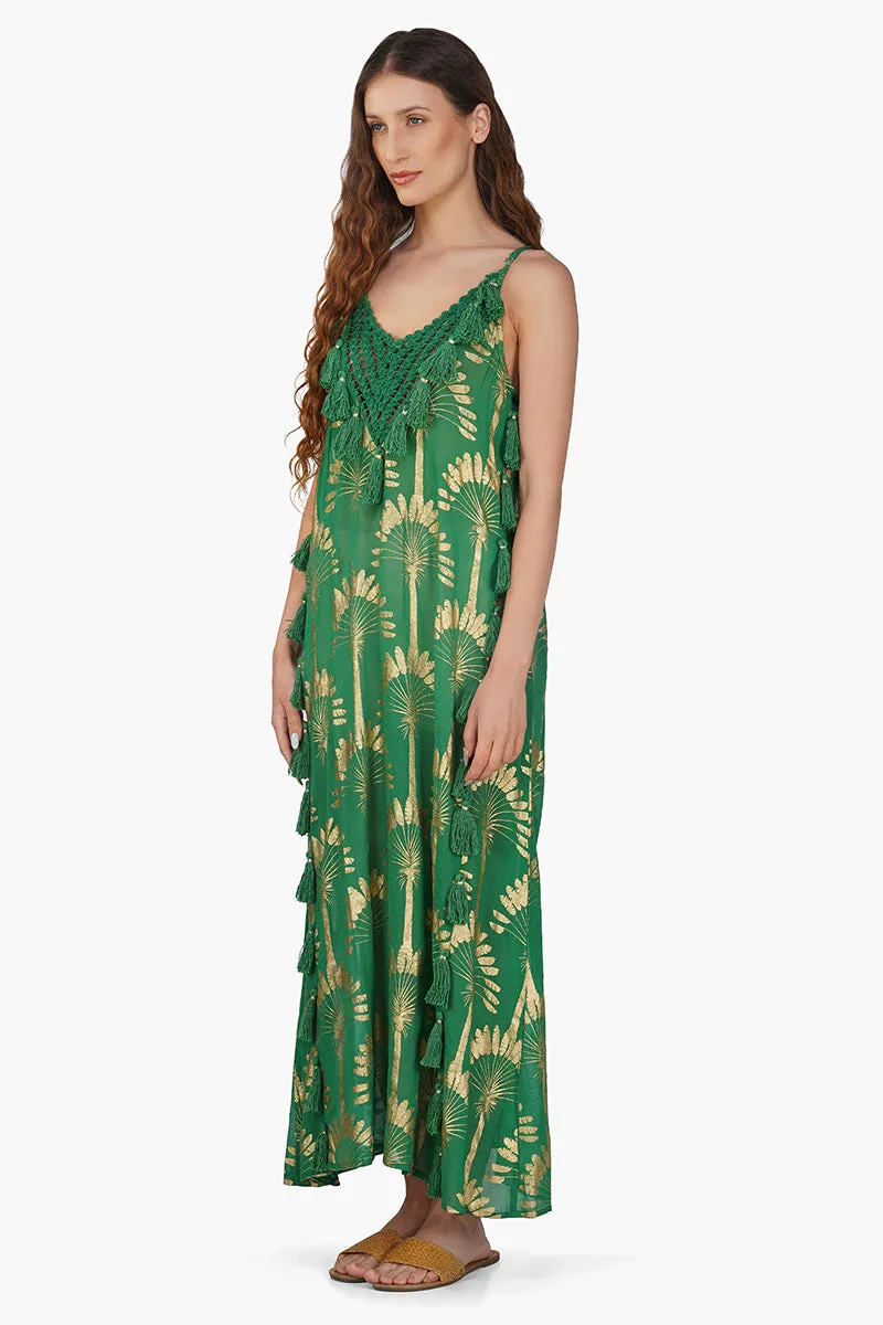 Pine Green Palm Tassel Foil Maxi Dress