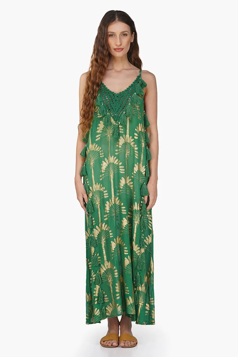 Pine Green Palm Tassel Foil Maxi Dress