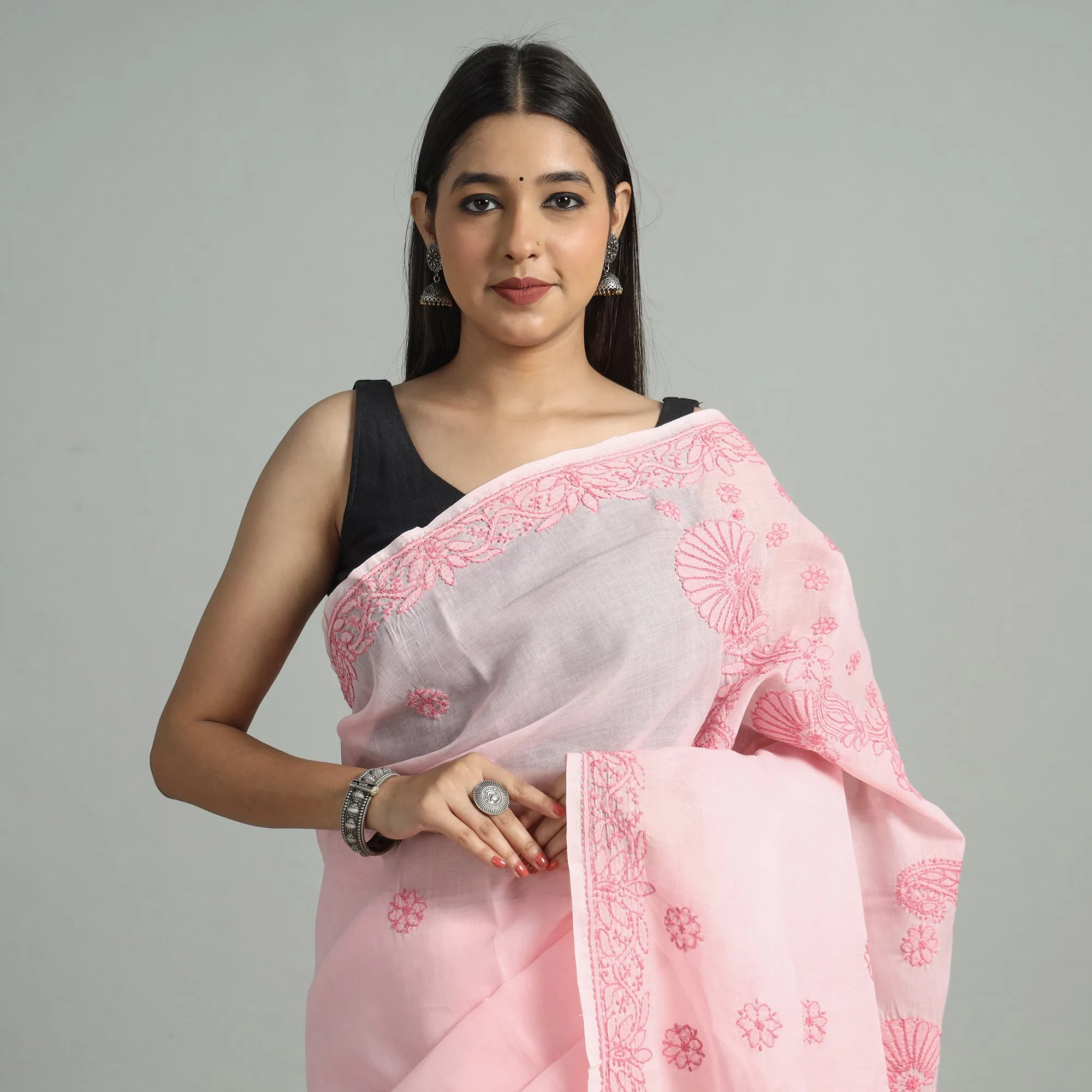 Pink - Lucknow Chikankari Embroidery Terivoile Cotton Saree 10