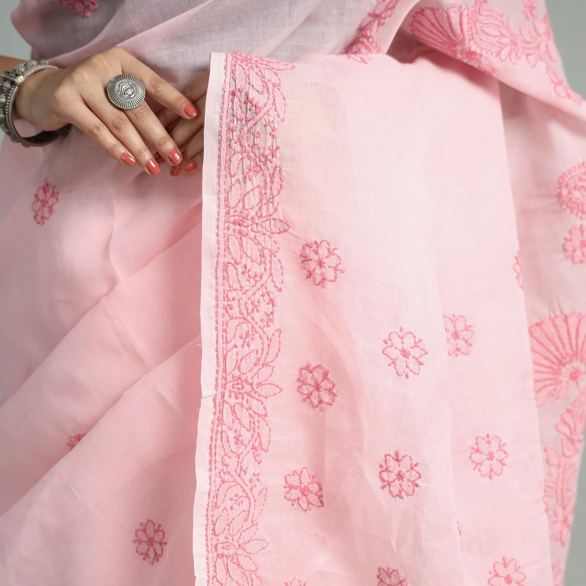 Pink - Lucknow Chikankari Embroidery Terivoile Cotton Saree 10