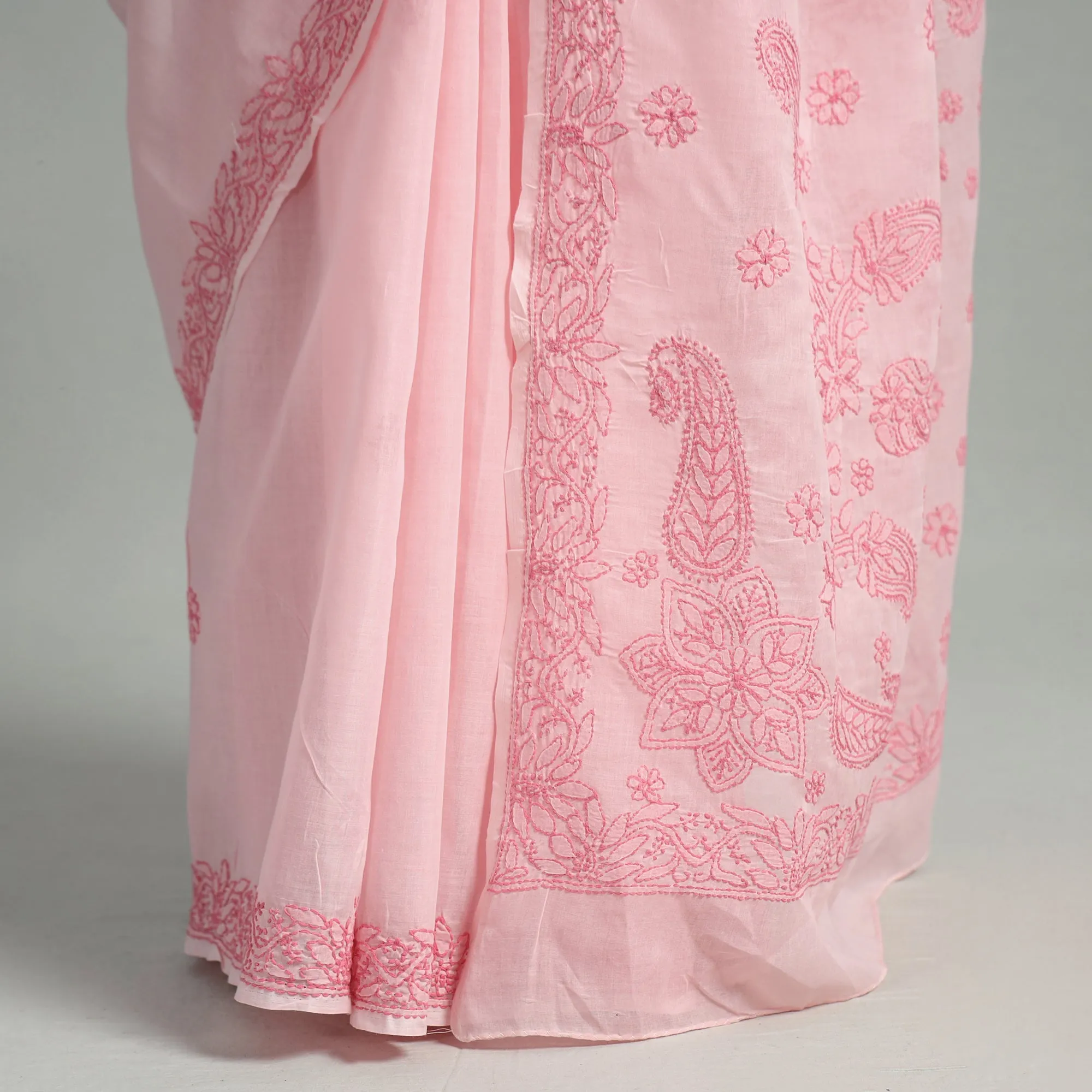 Pink - Lucknow Chikankari Embroidery Terivoile Cotton Saree 10