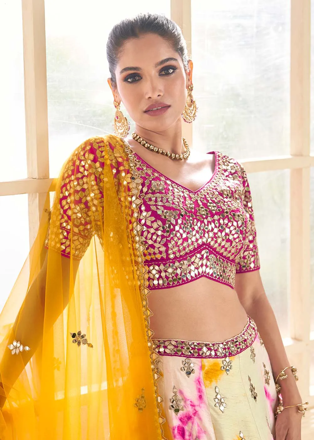 Pink Multicolor Silk Embroidered Wedding Lehenga Set