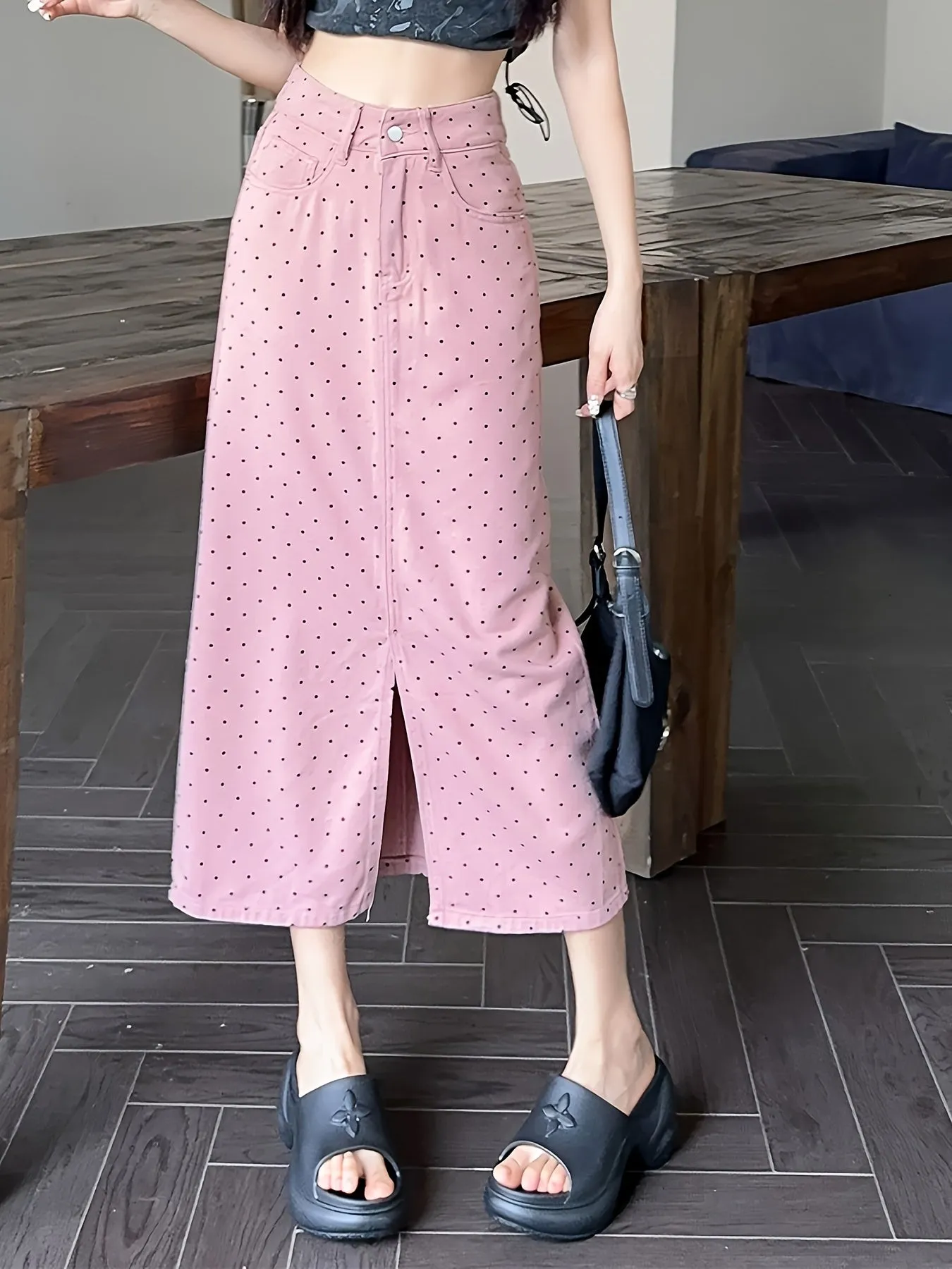 Pinkish Polka Dots High Waist Denim Skirt Women's Summer Fashion Design Split Hem Midi Denim Skirt