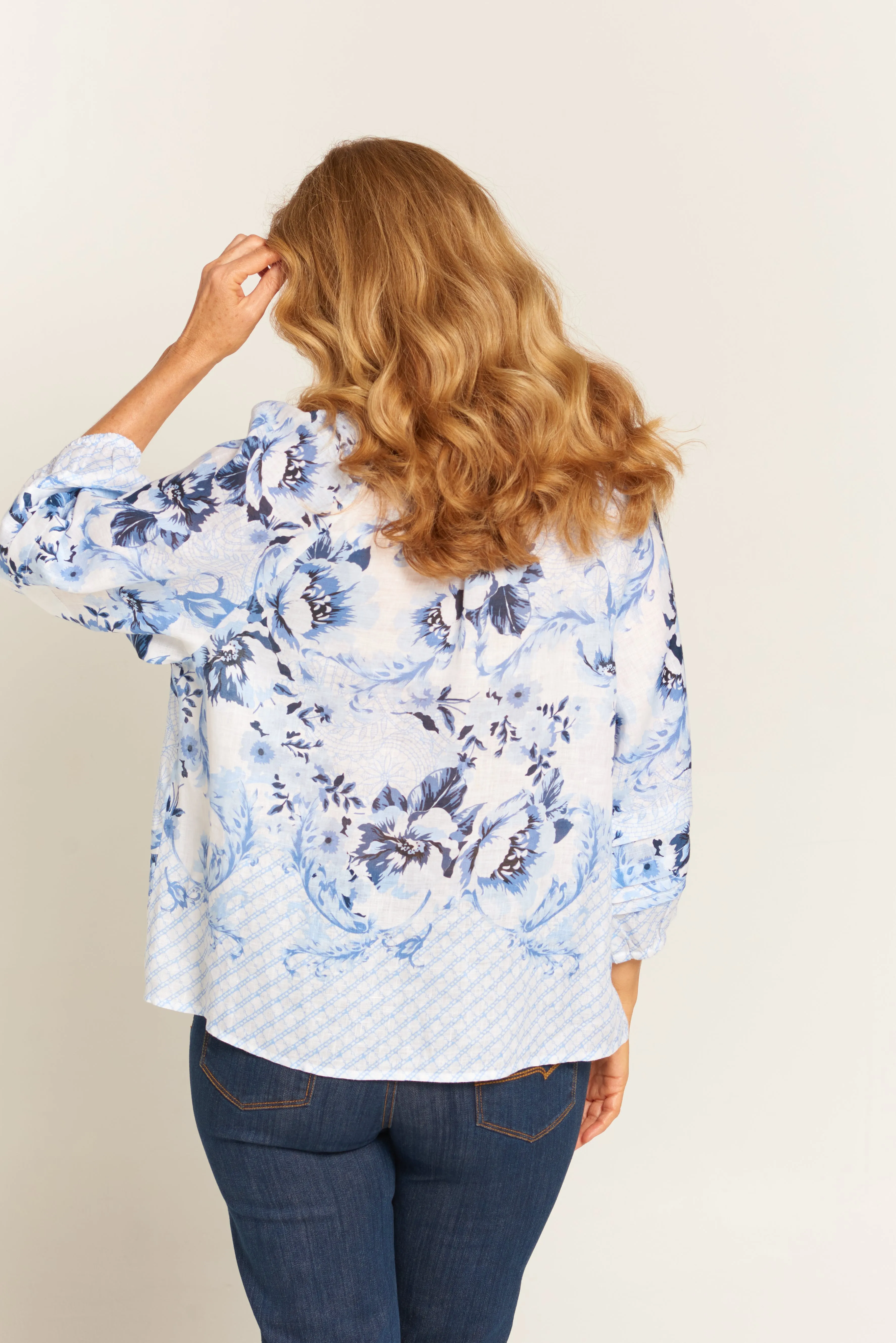 Pleat Sleeve Linen Blouse Bordered Blue Floral