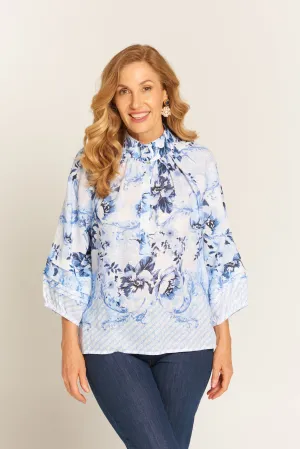 Pleat Sleeve Linen Blouse Bordered Blue Floral