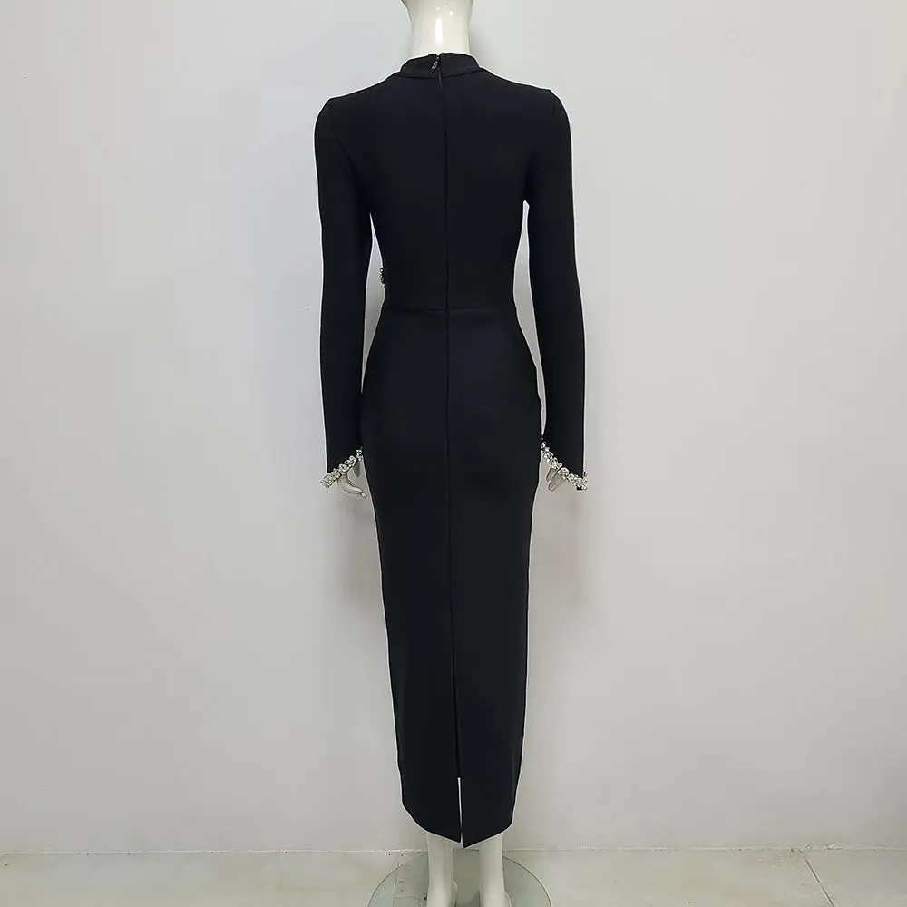 Pre Order: Black Long Sleeve Crystal Bandage Dress