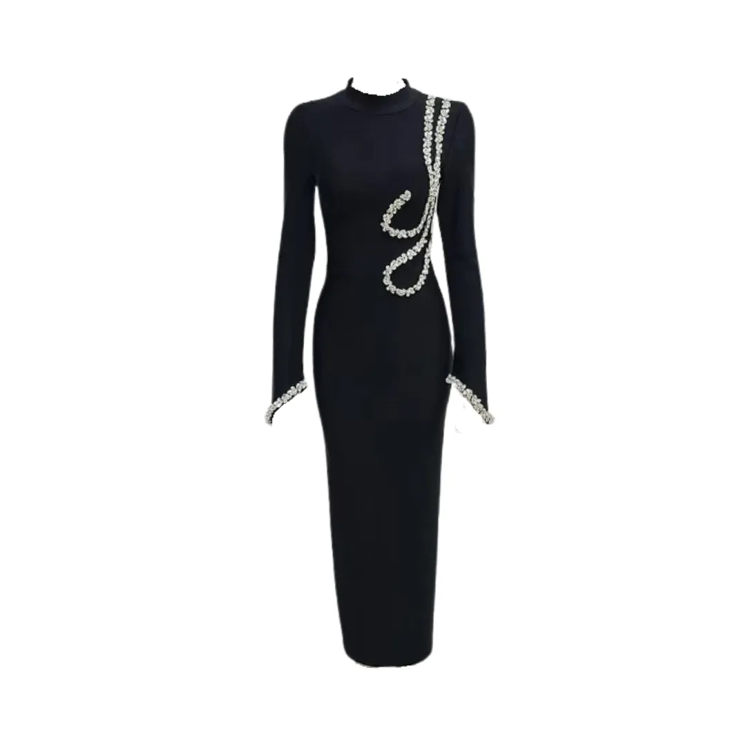 Pre Order: Black Long Sleeve Crystal Bandage Dress