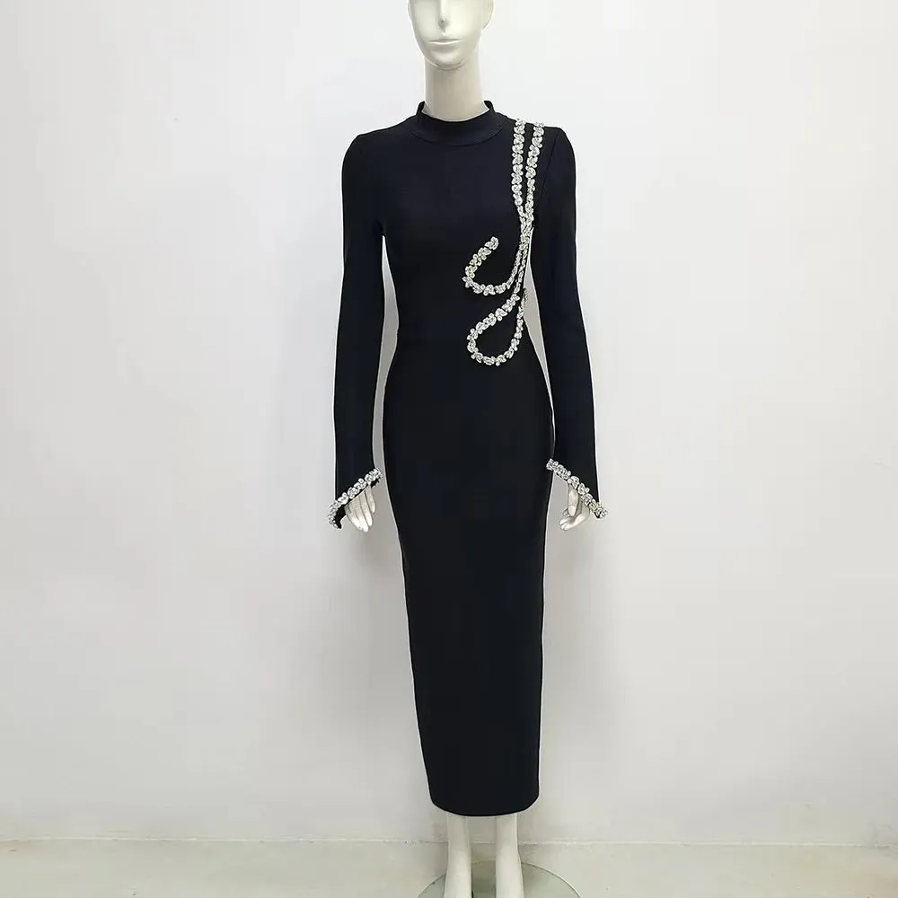 Pre Order: Black Long Sleeve Crystal Bandage Dress