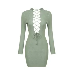 Pre Order:  Lace-Up Green Long Sleeve Bodycon Bandage Dress