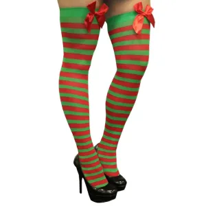 Red and Green Stripe Thigh High Stocking W/Red Bow