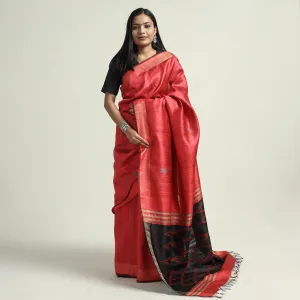 Red - Bhagalpuri Pure Desi Tussar Silk Handloom Saree with Zari Border