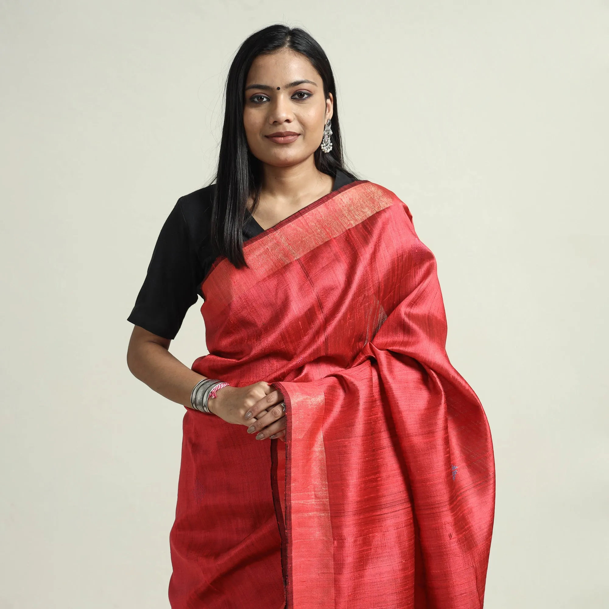 Red - Bhagalpuri Pure Desi Tussar Silk Handloom Saree with Zari Border