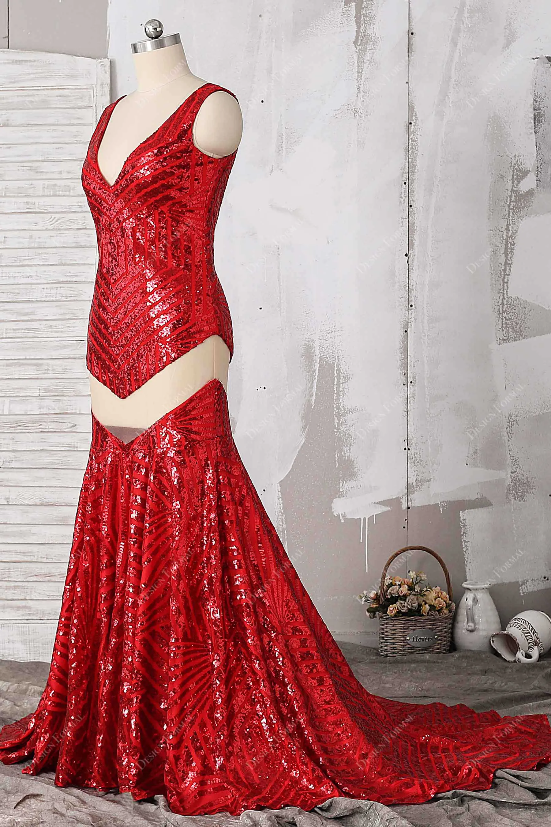 Red Sequin V-neck Cutout Dramatic Long Train Mermaid Prom Dress