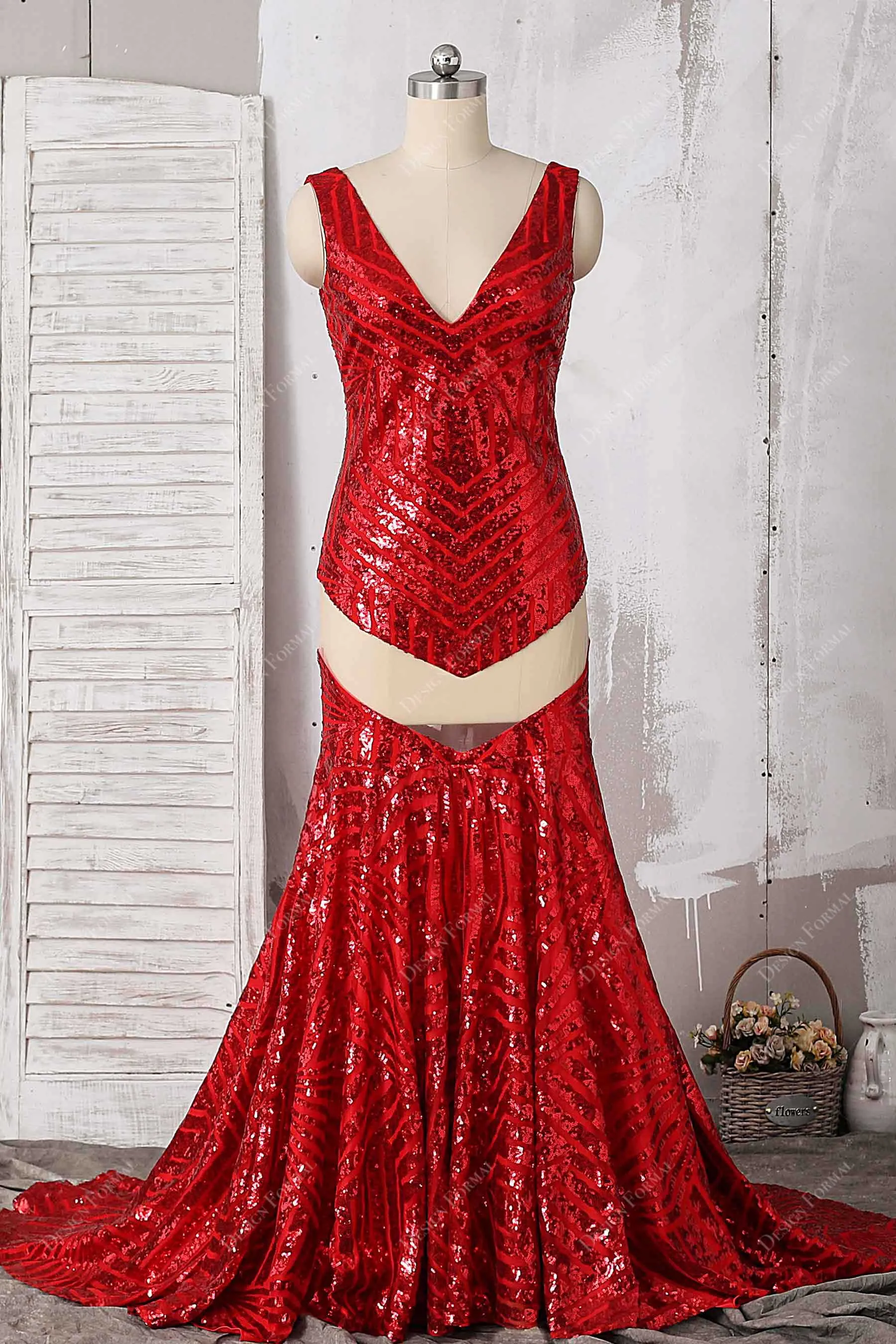 Red Sequin V-neck Cutout Dramatic Long Train Mermaid Prom Dress