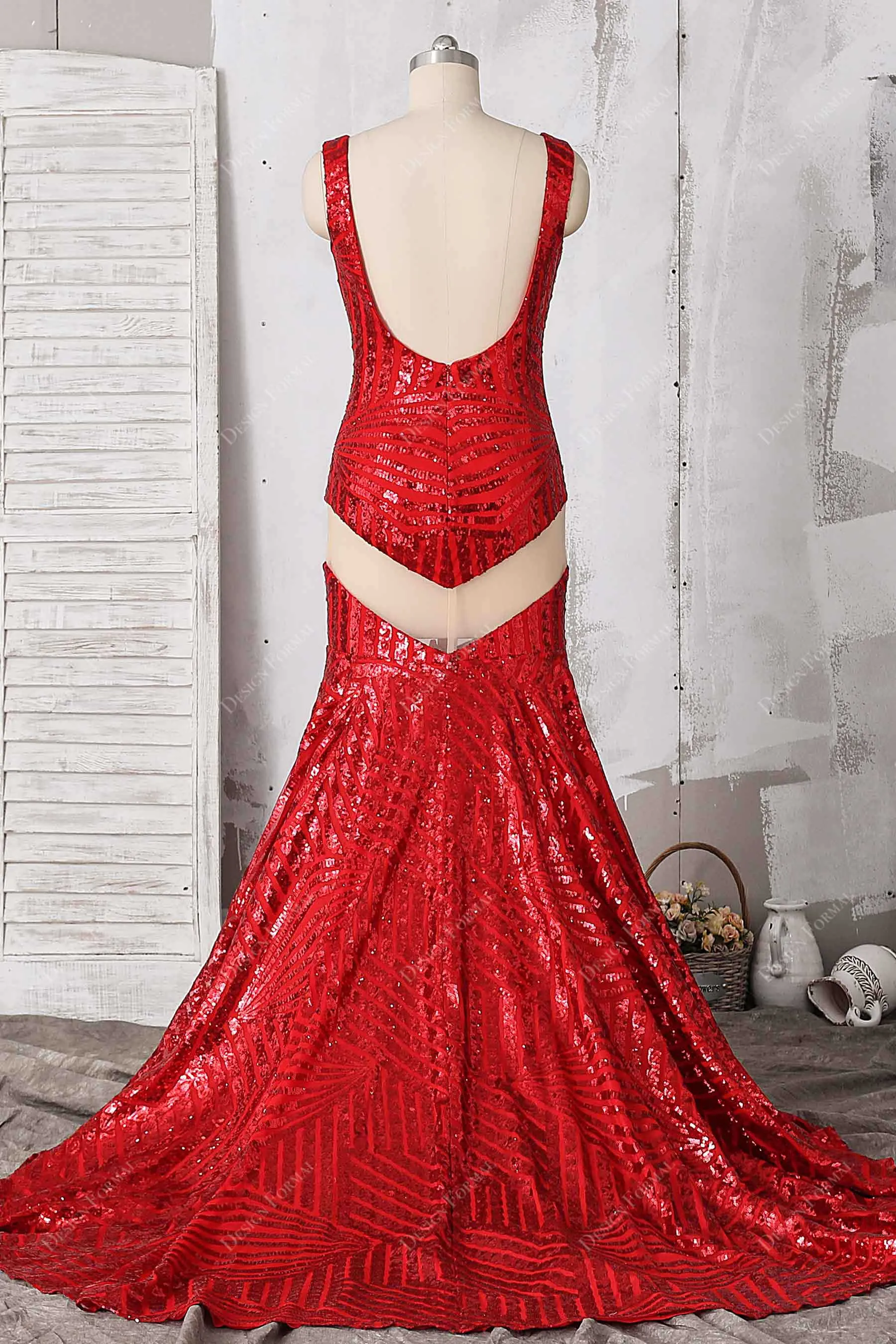 Red Sequin V-neck Cutout Dramatic Long Train Mermaid Prom Dress