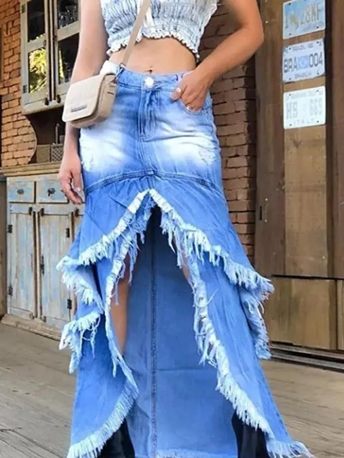 Rough Edge Ruffle Hem Denim Maxi Skirt ~Plus Size Too!