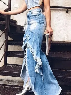 Rough Edge Ruffle Hem Denim Maxi Skirt ~Plus Size Too!