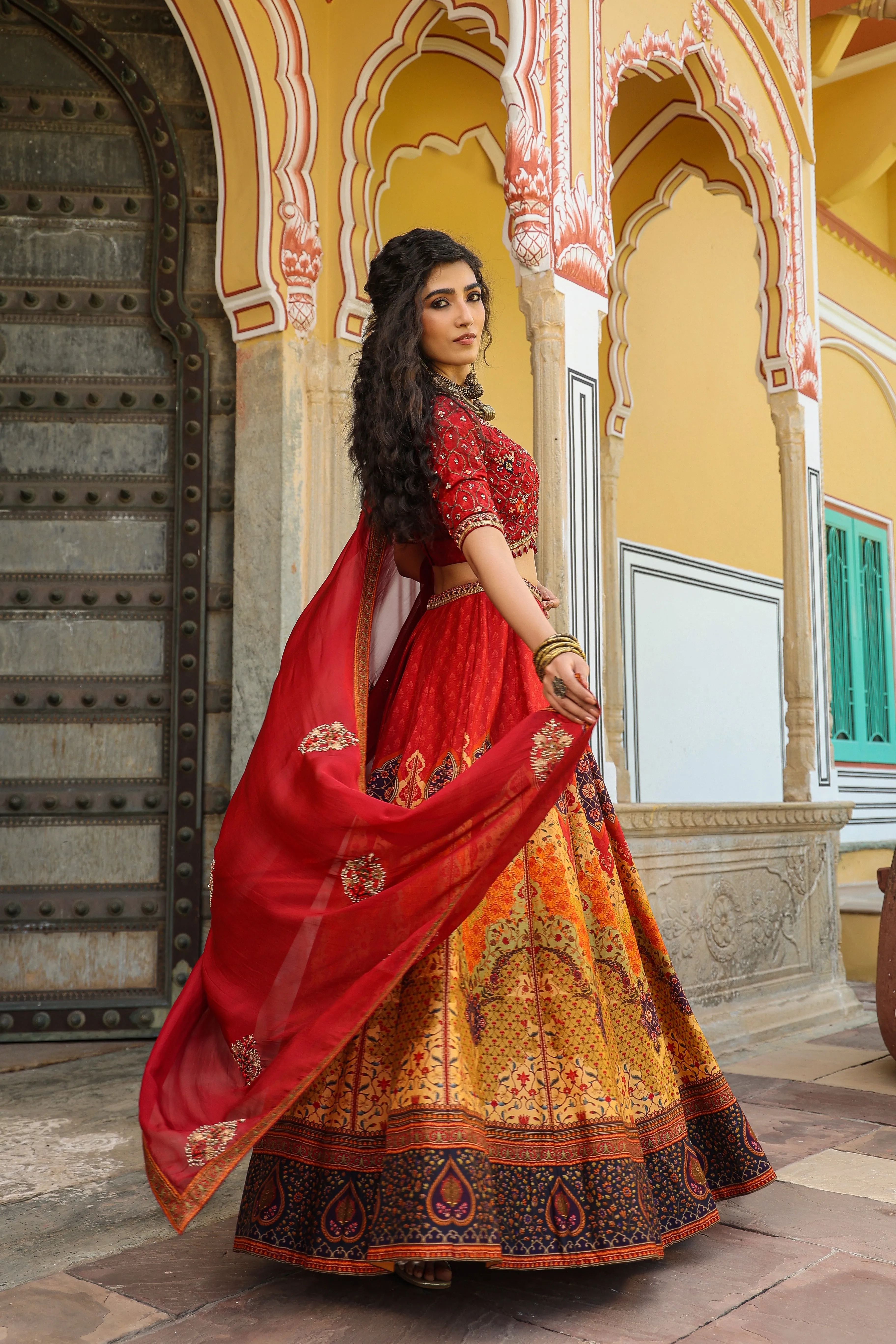 Ruby Red Printed Raw Silk Lehenga Set