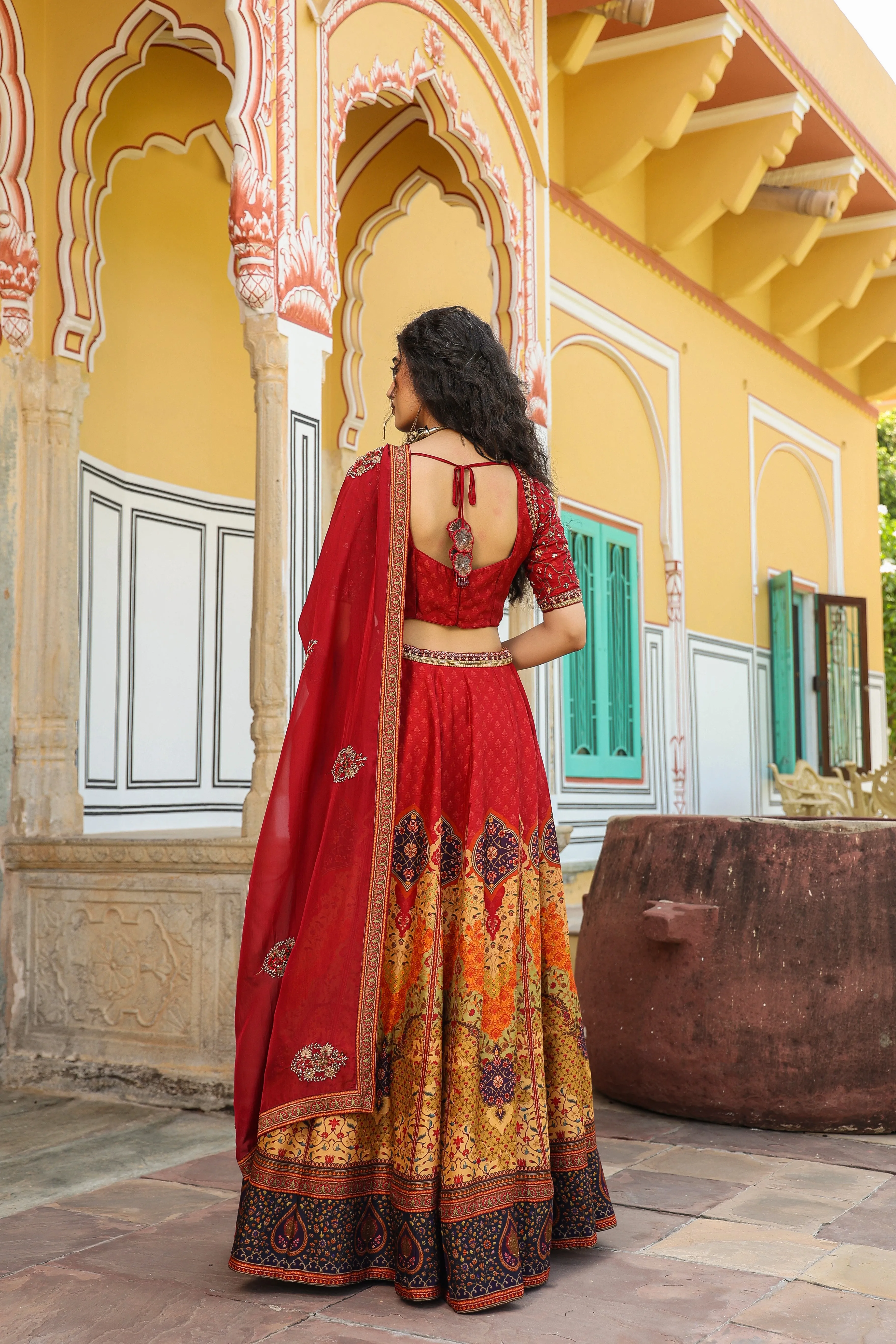 Ruby Red Printed Raw Silk Lehenga Set