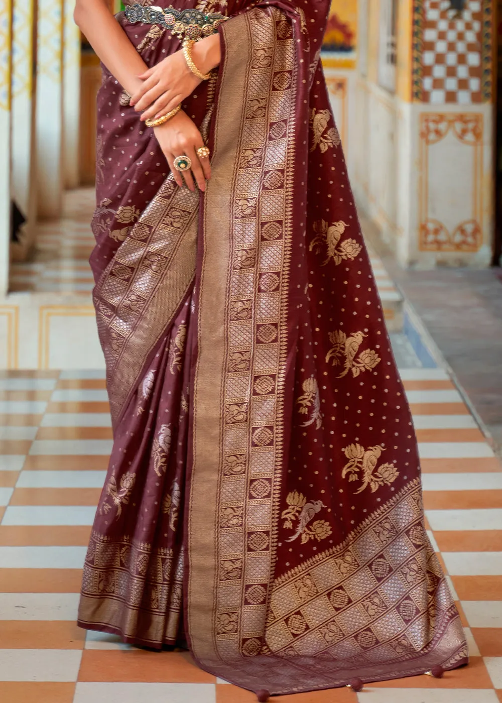 Russet Brown Zari Woven Banarasi Silk Saree