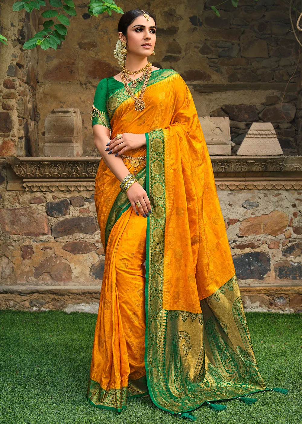 Saffron Yellow Zari Woven Kanjivaram Silk Saree