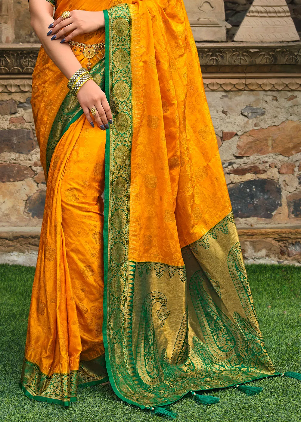 Saffron Yellow Zari Woven Kanjivaram Silk Saree