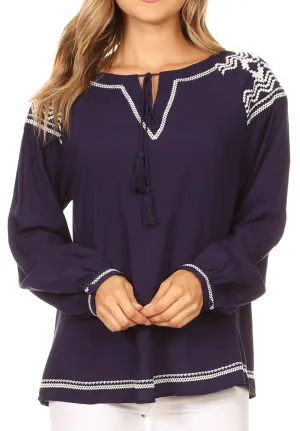 Sakkas Dani Long Sleeve Embroidered Tassel Tie Front Notch Blouse