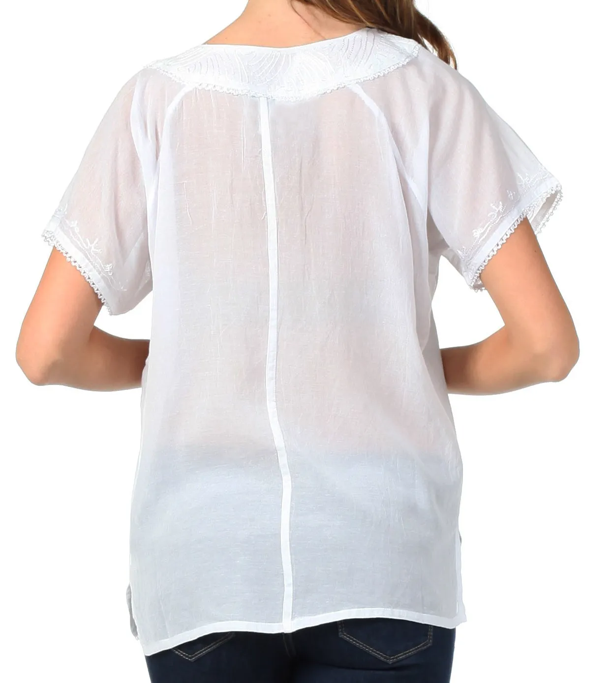 Sakkas Embroidered 100% Cotton Scoop Neck Semi-Sheer Short Sleeve Gauzy Top / Blouse