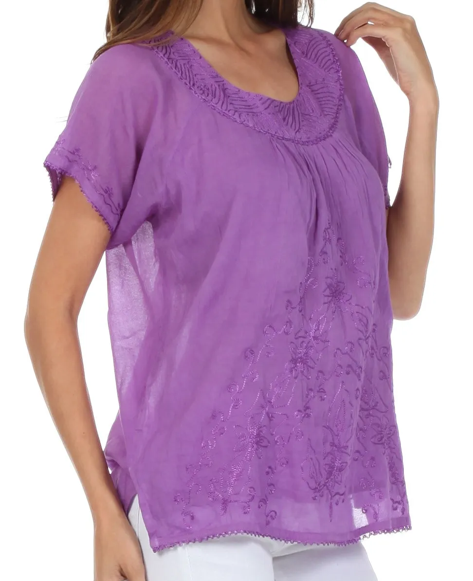 Sakkas Embroidered 100% Cotton Scoop Neck Semi-Sheer Short Sleeve Gauzy Top / Blouse