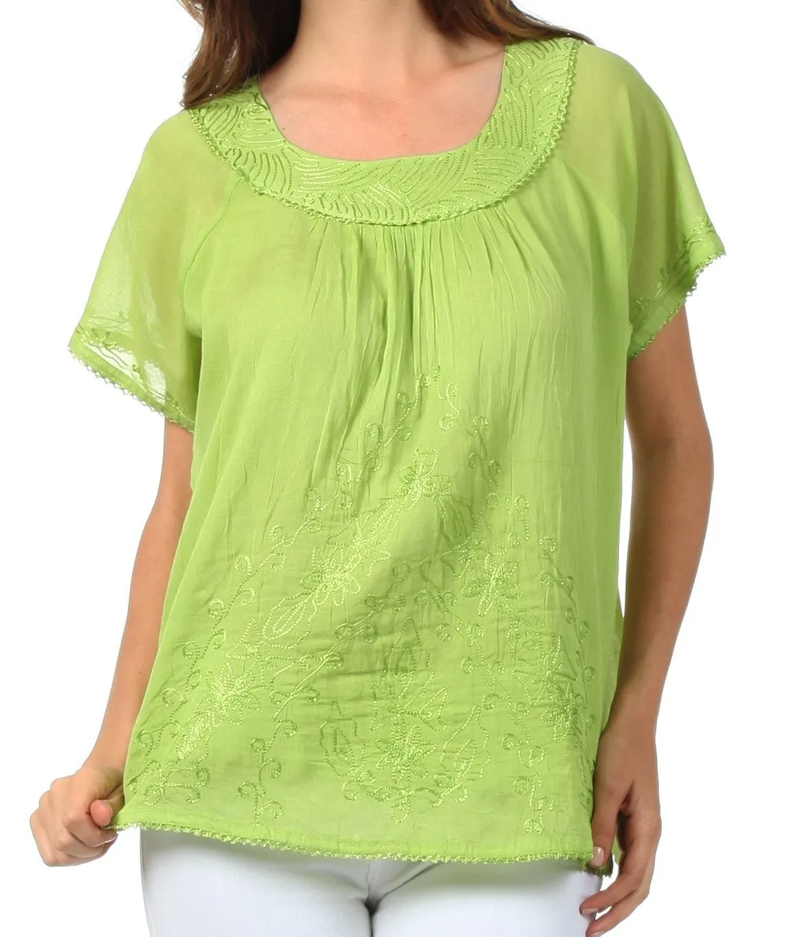 Sakkas Embroidered 100% Cotton Scoop Neck Semi-Sheer Short Sleeve Gauzy Top / Blouse