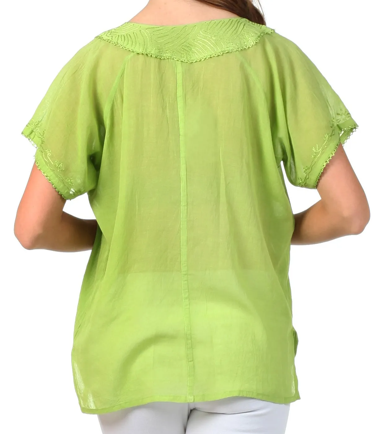 Sakkas Embroidered 100% Cotton Scoop Neck Semi-Sheer Short Sleeve Gauzy Top / Blouse