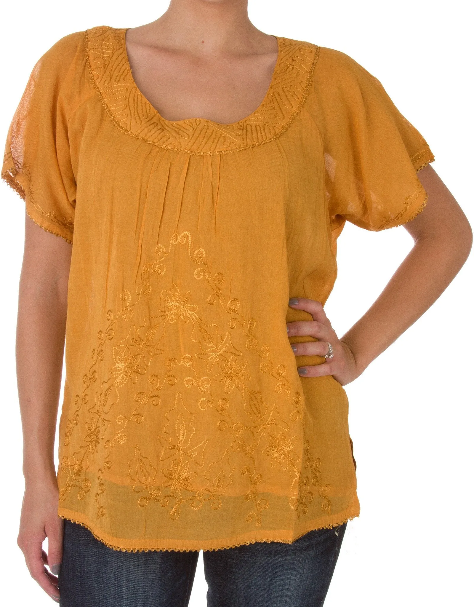 Sakkas Embroidered 100% Cotton Scoop Neck Semi-Sheer Short Sleeve Gauzy Top / Blouse