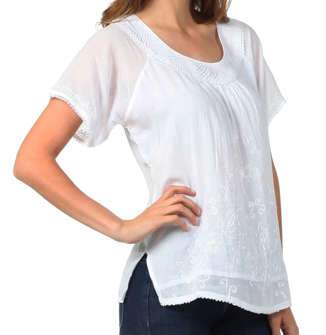 Sakkas Embroidered 100% Cotton Scoop Neck Semi-Sheer Short Sleeve Gauzy Top / Blouse