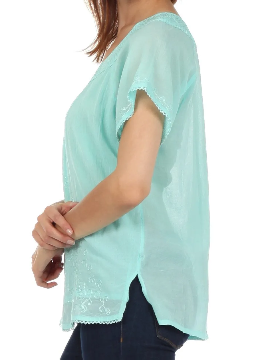 Sakkas Embroidered 100% Cotton Scoop Neck Semi-Sheer Short Sleeve Gauzy Top / Blouse