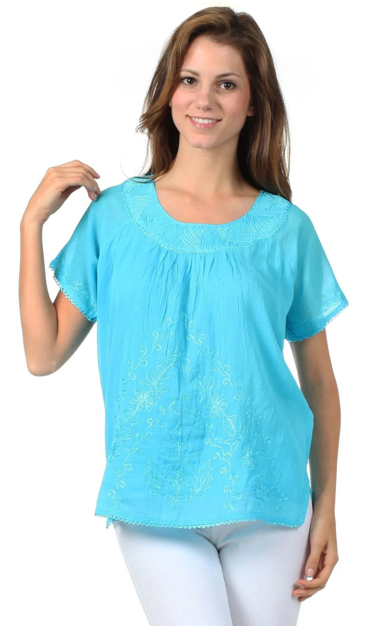 Sakkas Embroidered 100% Cotton Scoop Neck Semi-Sheer Short Sleeve Gauzy Top / Blouse