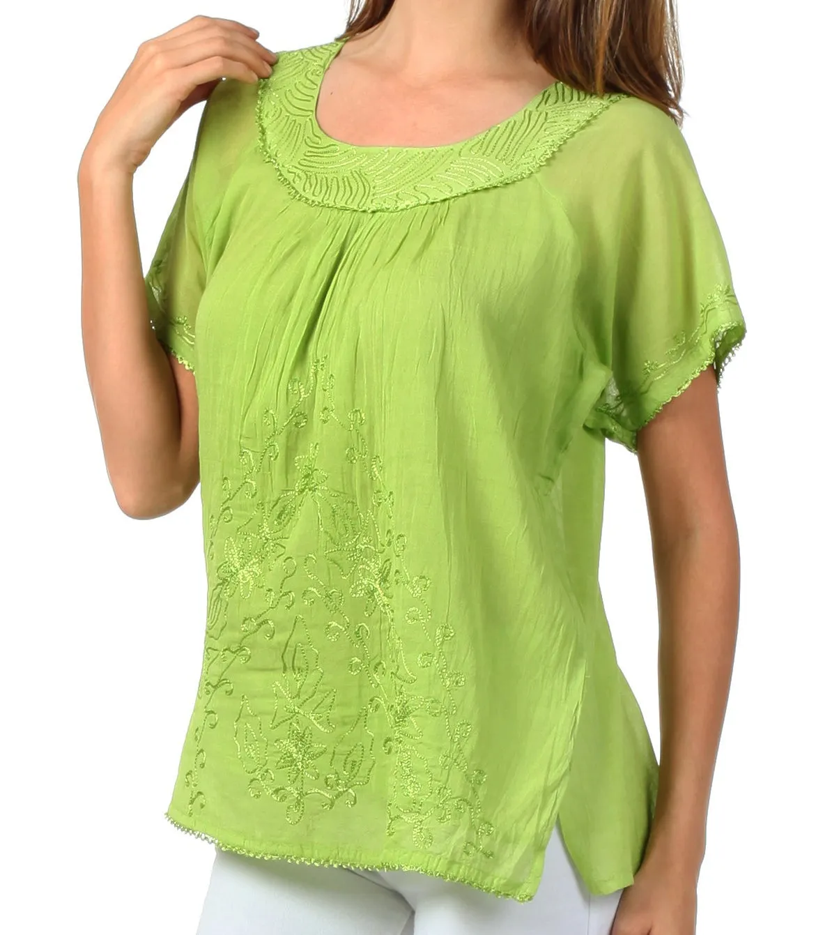 Sakkas Embroidered 100% Cotton Scoop Neck Semi-Sheer Short Sleeve Gauzy Top / Blouse