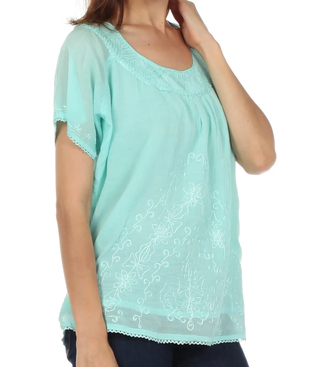 Sakkas Embroidered 100% Cotton Scoop Neck Semi-Sheer Short Sleeve Gauzy Top / Blouse