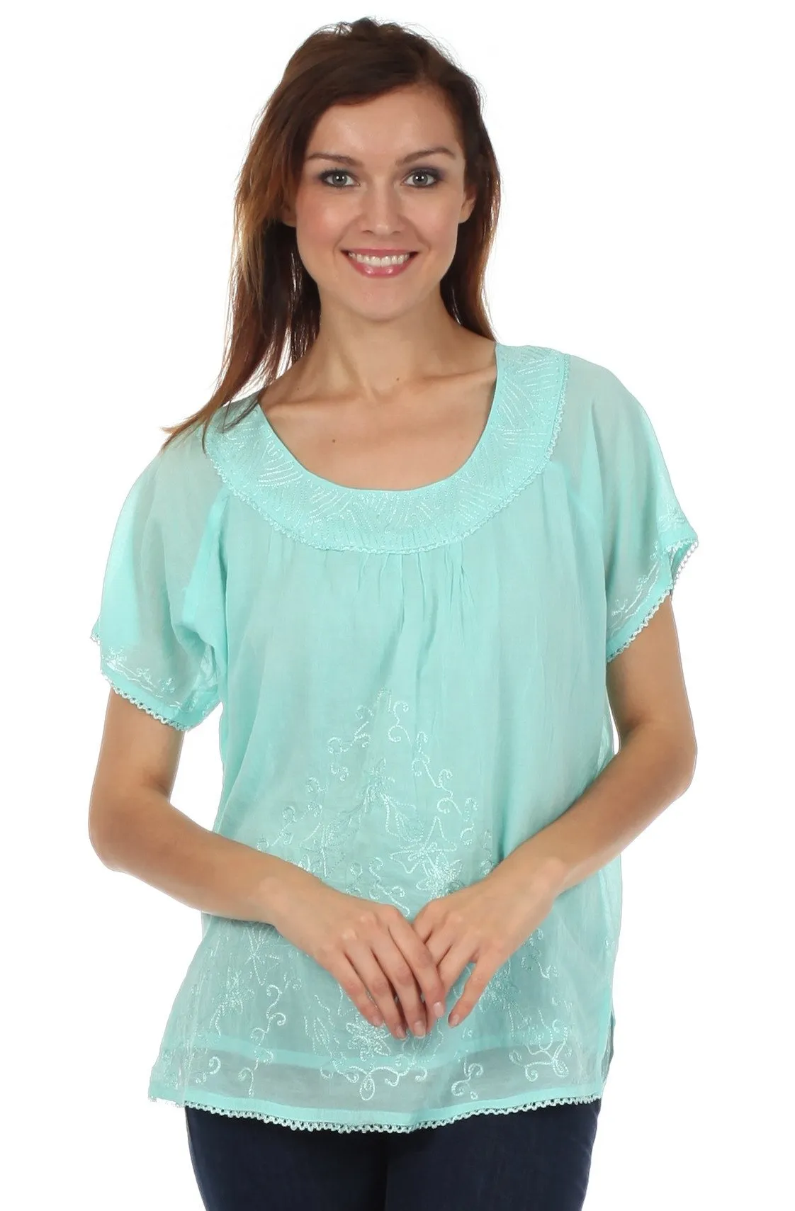 Sakkas Embroidered 100% Cotton Scoop Neck Semi-Sheer Short Sleeve Gauzy Top / Blouse