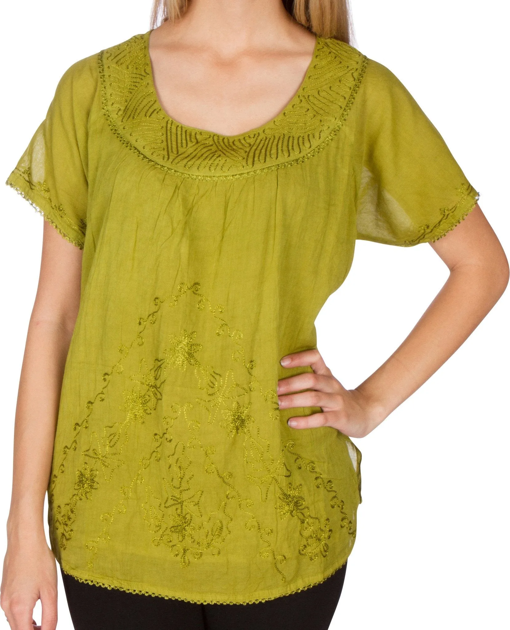 Sakkas Embroidered 100% Cotton Scoop Neck Semi-Sheer Short Sleeve Gauzy Top / Blouse