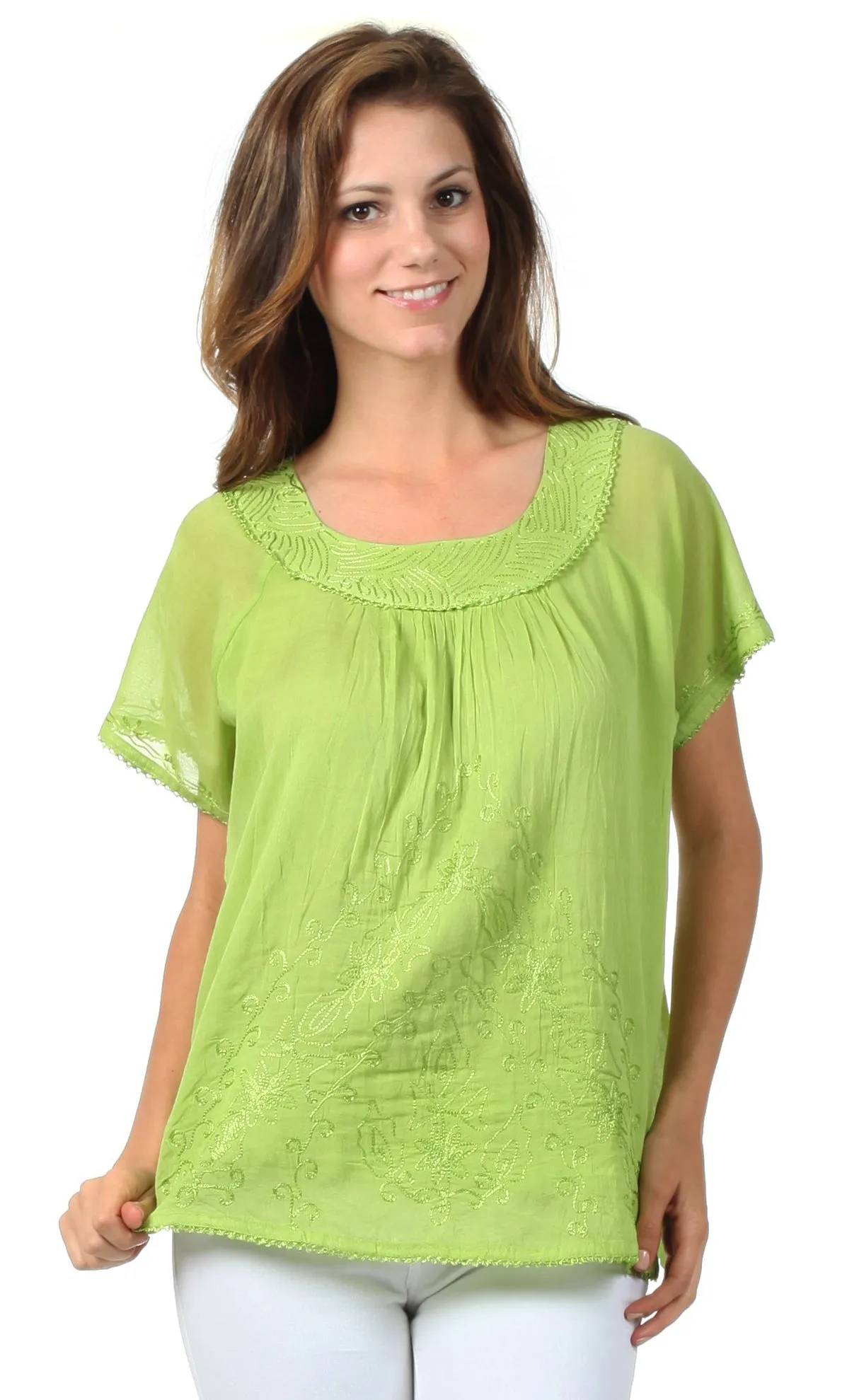 Sakkas Embroidered 100% Cotton Scoop Neck Semi-Sheer Short Sleeve Gauzy Top / Blouse