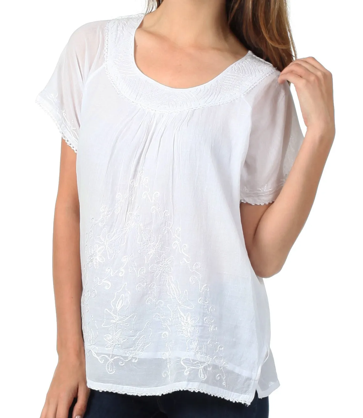 Sakkas Embroidered 100% Cotton Scoop Neck Semi-Sheer Short Sleeve Gauzy Top / Blouse