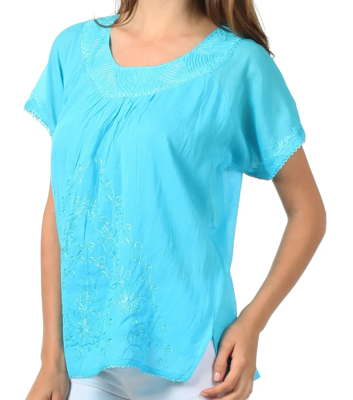 Sakkas Embroidered 100% Cotton Scoop Neck Semi-Sheer Short Sleeve Gauzy Top / Blouse