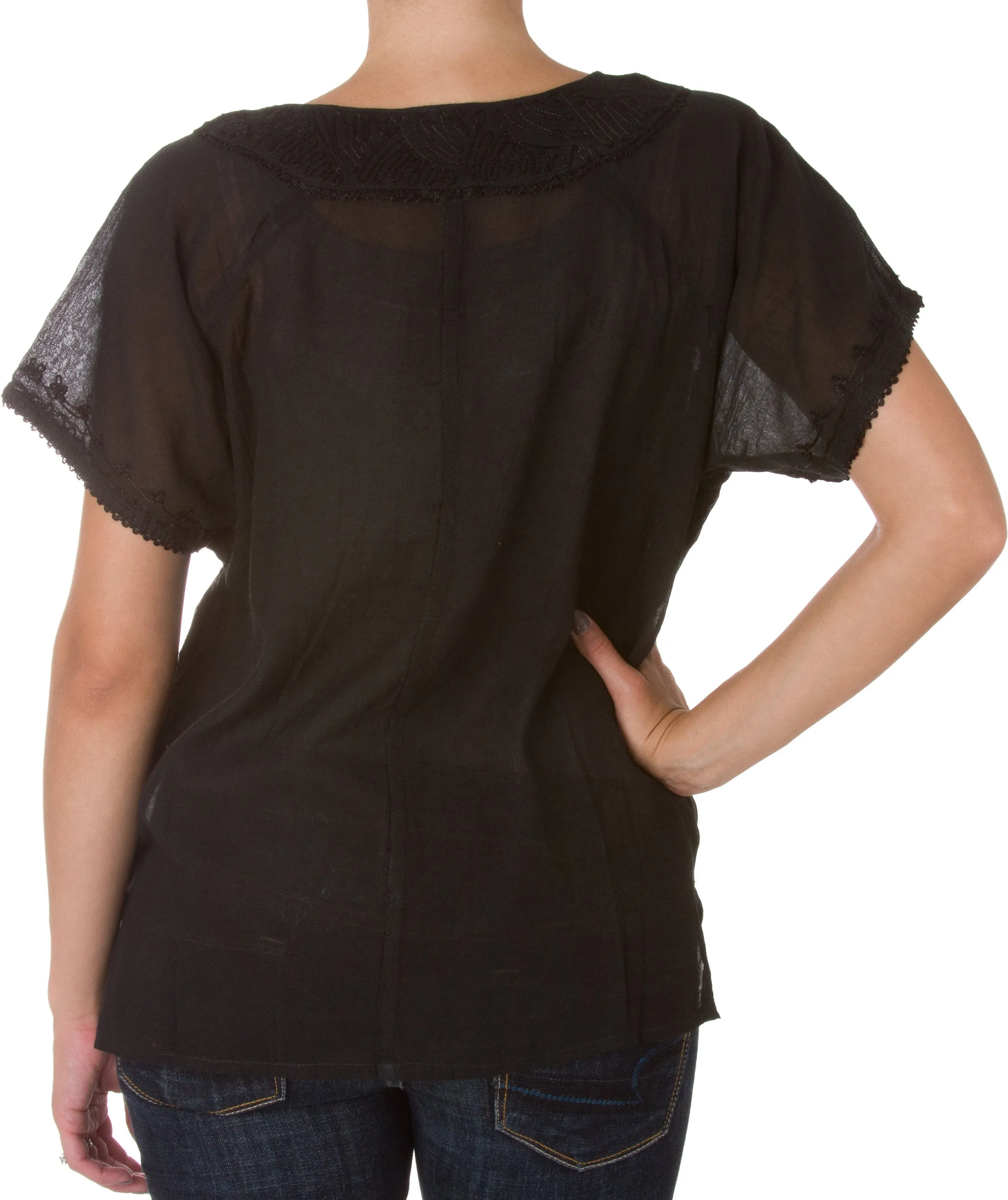 Sakkas Embroidered 100% Cotton Scoop Neck Semi-Sheer Short Sleeve Gauzy Top / Blouse