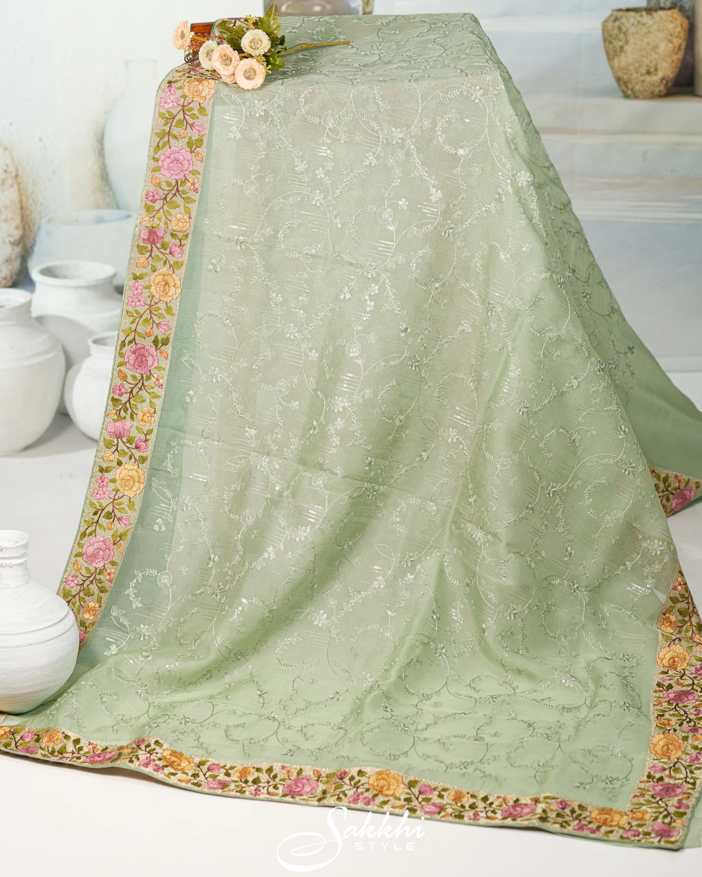 SEA GREEN EMBROIDERED ORGANZA SAREE