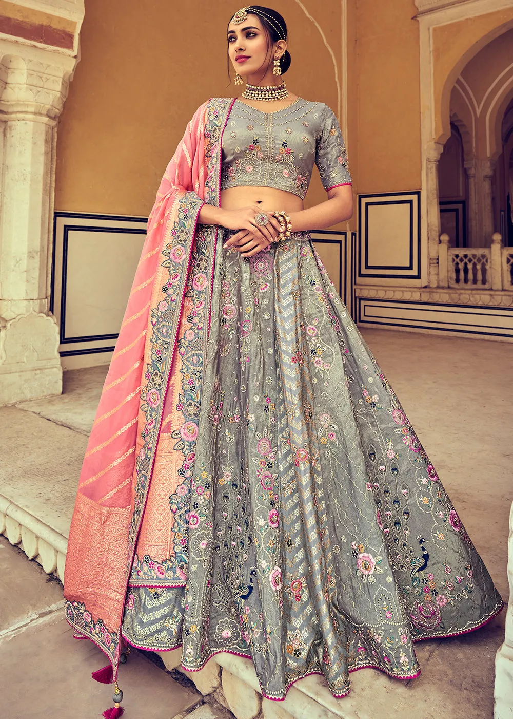 Seal Grey Banarasi Silk Lehenga Choli with Khatli and Heavy Embroidered work